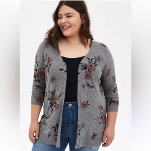 Torrid Heather Grey Floral Button Front Cardigan Sweater